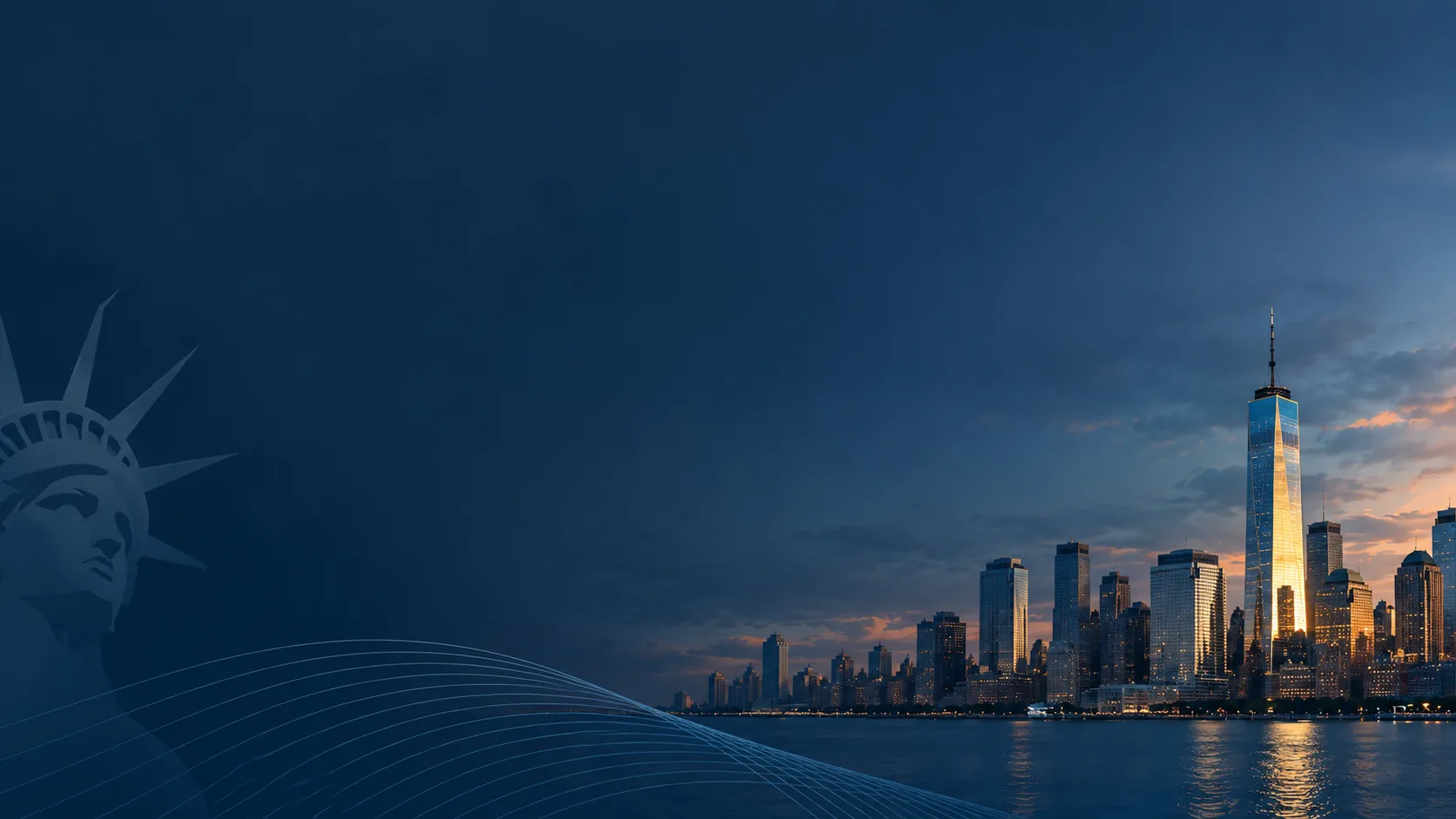 Skyline de Lower Manhattan al atardecer sobre fondo azul marino