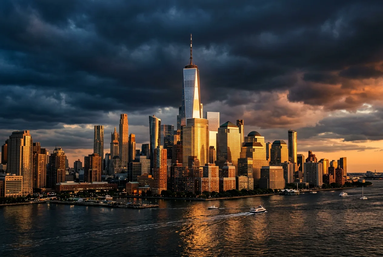Skyline del distrito financiero de Lower Manhattan iluminado al atardecer