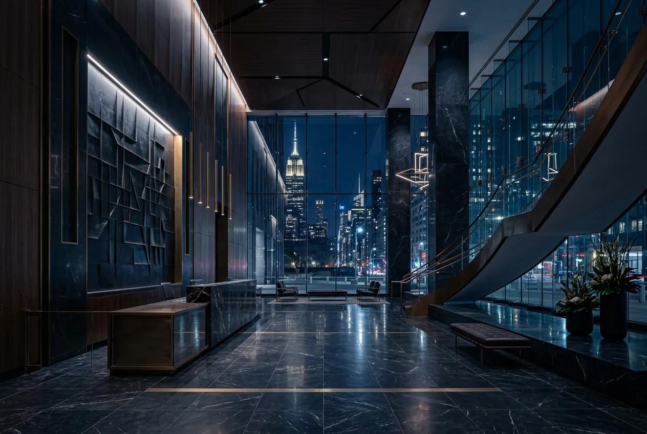 Interior corporativo financiero de líneas modernas en Nueva York