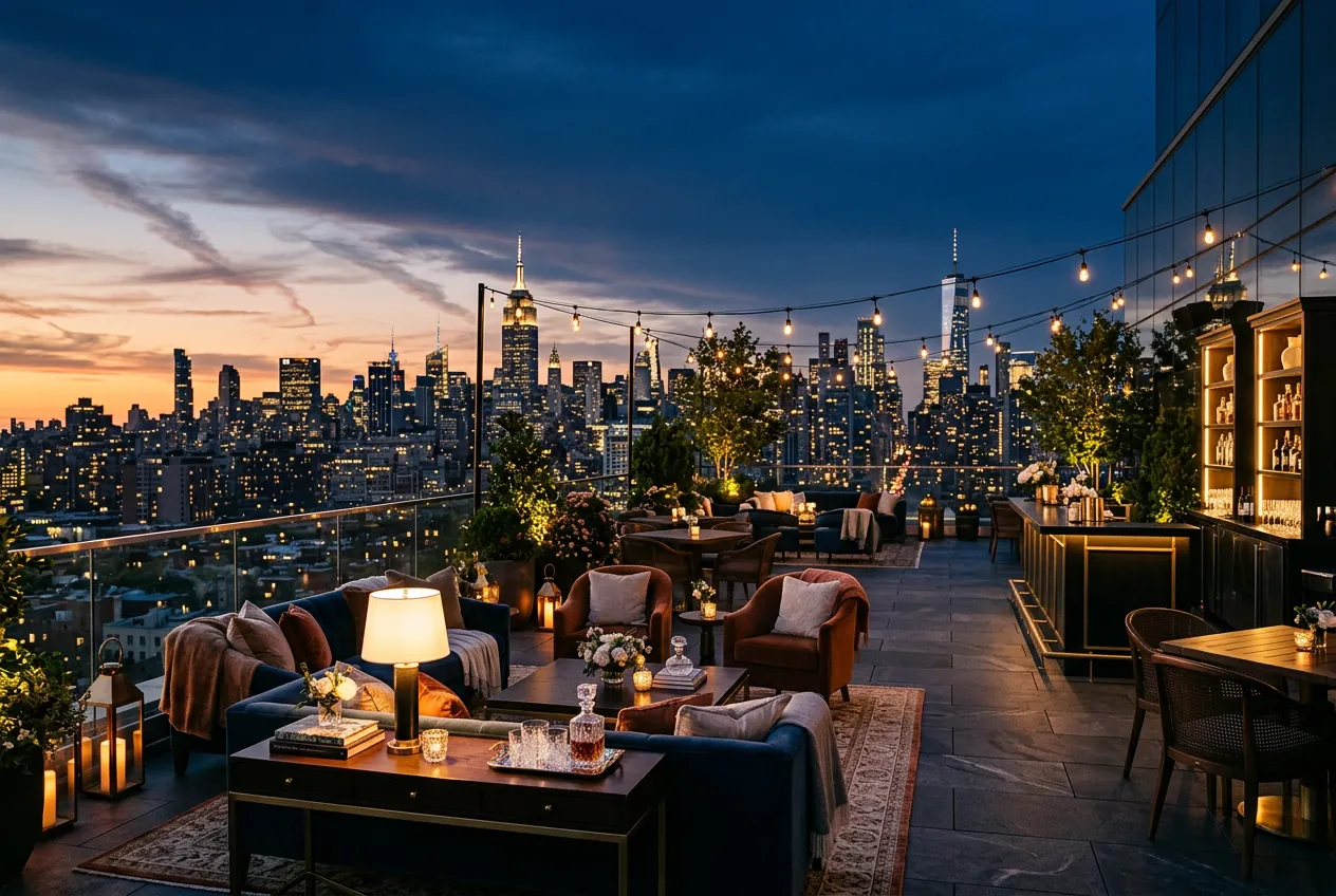 Terraza rooftop de lujo en Nueva York con vista panorámica al atardecer
